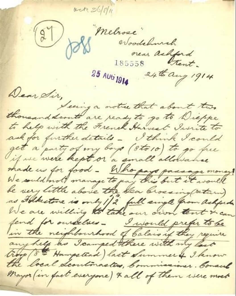 Image shows a letter from a Scout who wants to help with the French harvest during the First World War