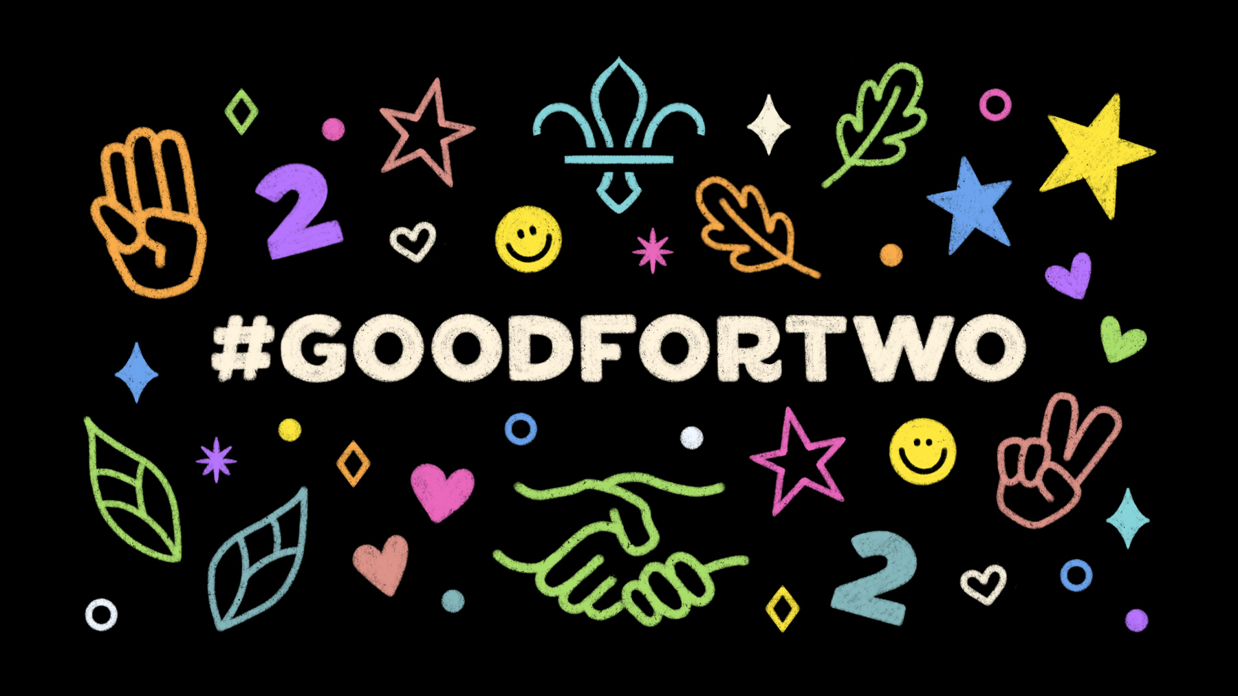 #GoodForTwo logo in white with a black background and multicoloured Scouting icons such as a fleur-de-lis, Scout promise hand and a handshake