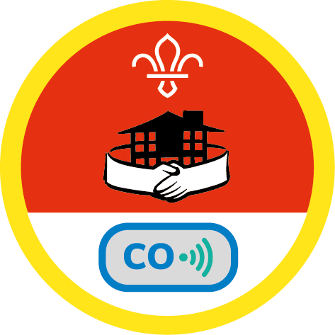 A red badge with a house and two hands, and a Carbon Monoxide logo