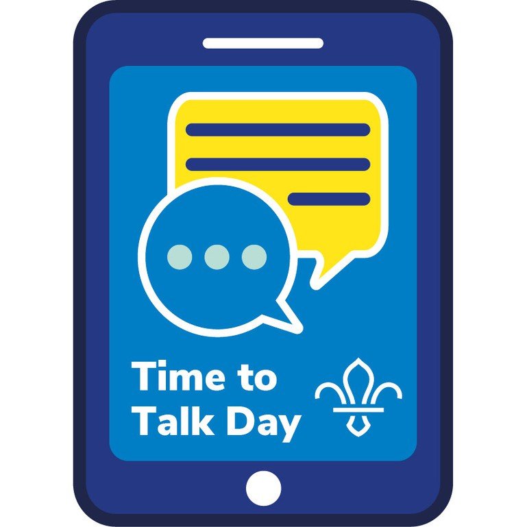 Time to Talk Day Badge, consisting of yellow, blue and white speech bubbles, Time to Talk Day written in white, and Scouts fleur-de-lis logo in white, on 2D blue shaded mobile phone 