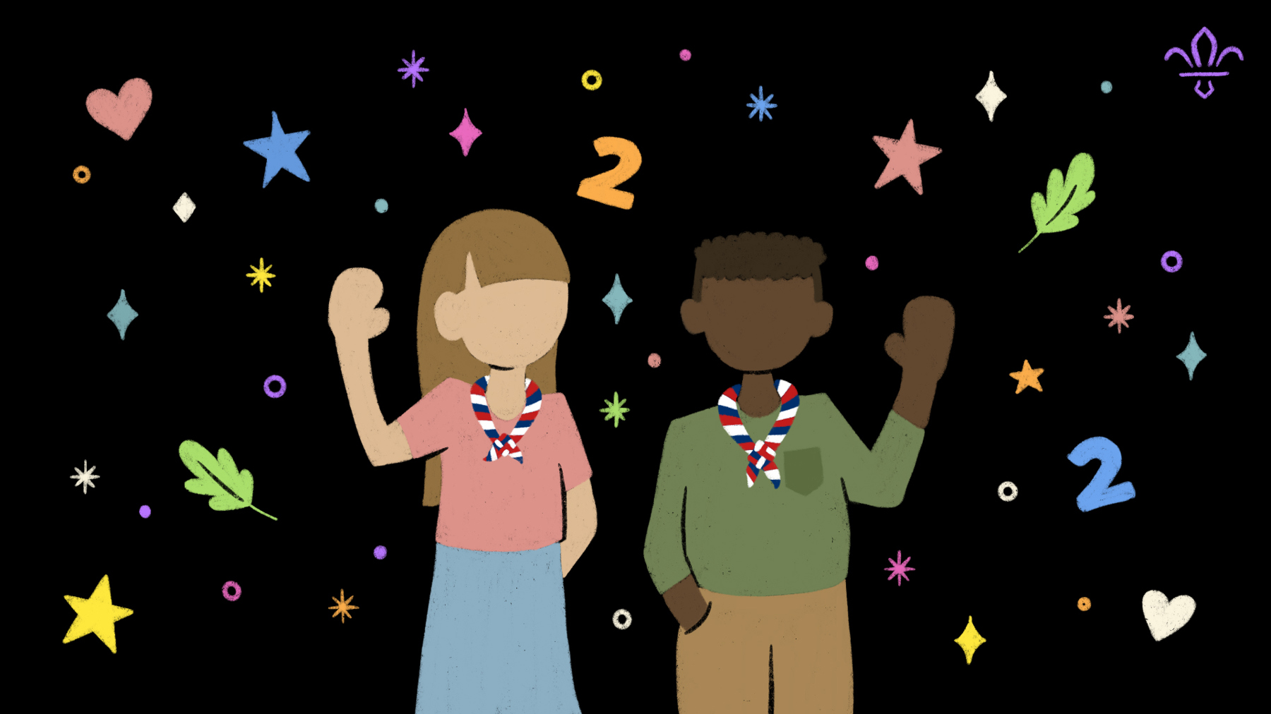 #GoodForTwo campaign graphic of a boy and girl wearing Scouts necker scarves waving, with 2D multi-coloured shapes such as leaves, stars and number '2'  around