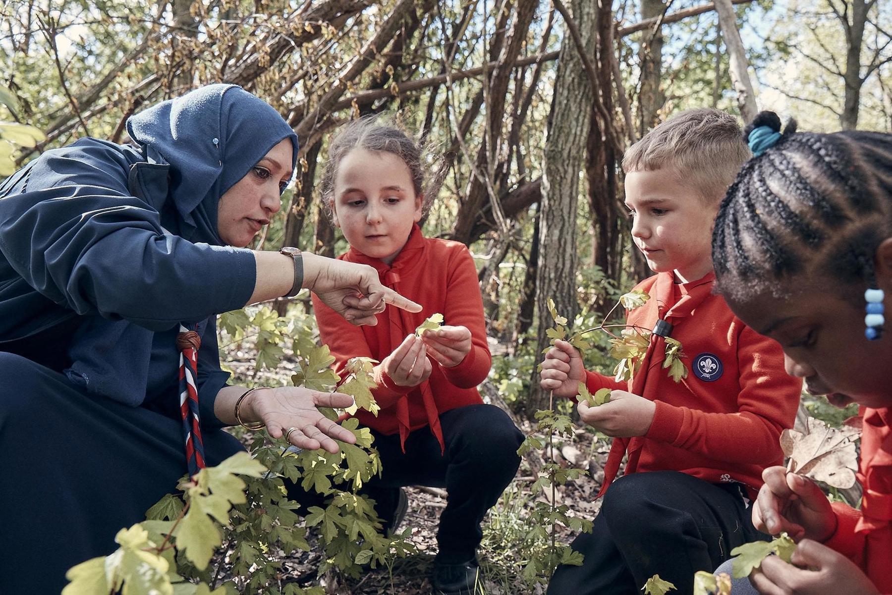 A female Scout volunteer is crouched down in the woodland with three Squirrel Scouts, one boy and two girls. They are looking at and holding leaves. One girl is showing a leaf to the leader, who is talking and pointing at part of the leaf.