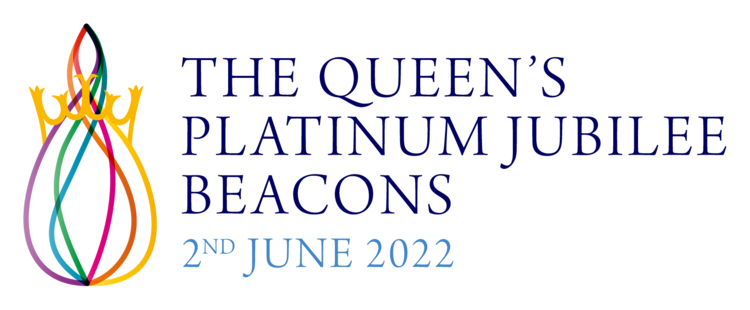 Multi-coloured logo, and text 'The Queen's Platinum Jubilee Beacons 2nd June 2022'
