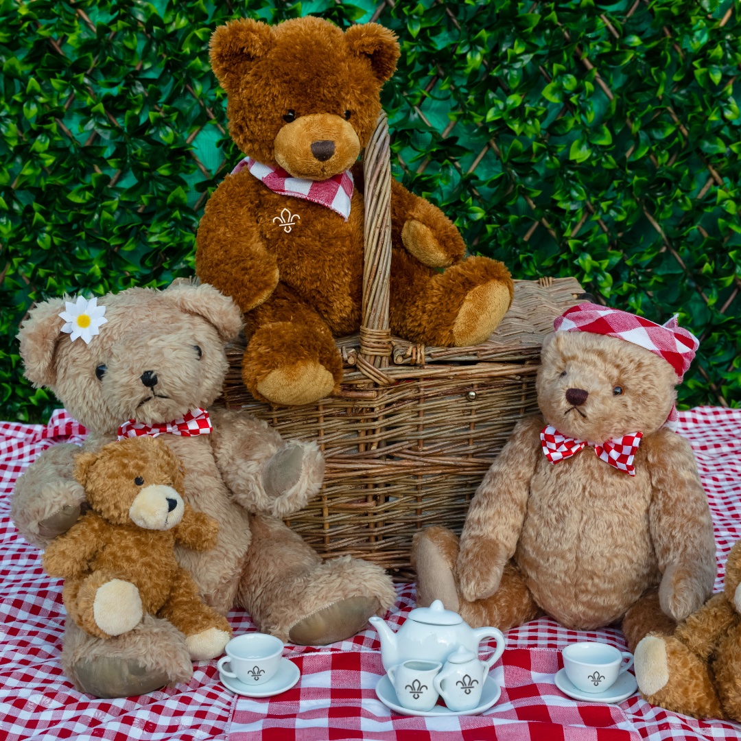 Five teddy bears sitting on a red and white picnic blanket in front of a hedge with a tea set and picnic blanket
