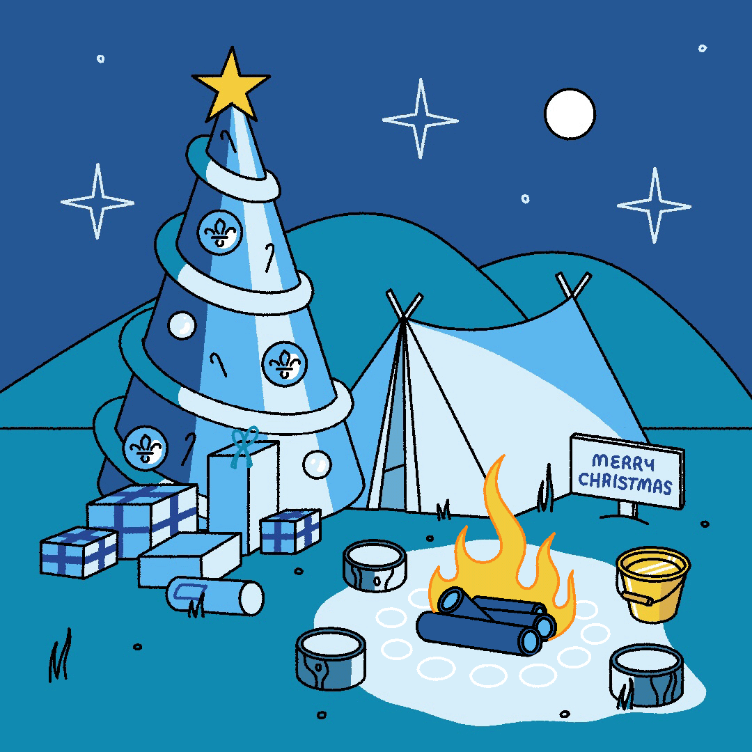 Animated graphic for Christmas with an outdoors campfire, the flame and twinkling stars are the moving elements of the GF), presents, tent, a tree with fleur-de-lis decorations and sign saying Merry Christmas