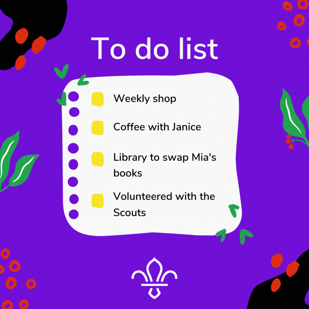 To do list including  'volunteering with Scouts', the boxes being ticked are the moving element of the GIF