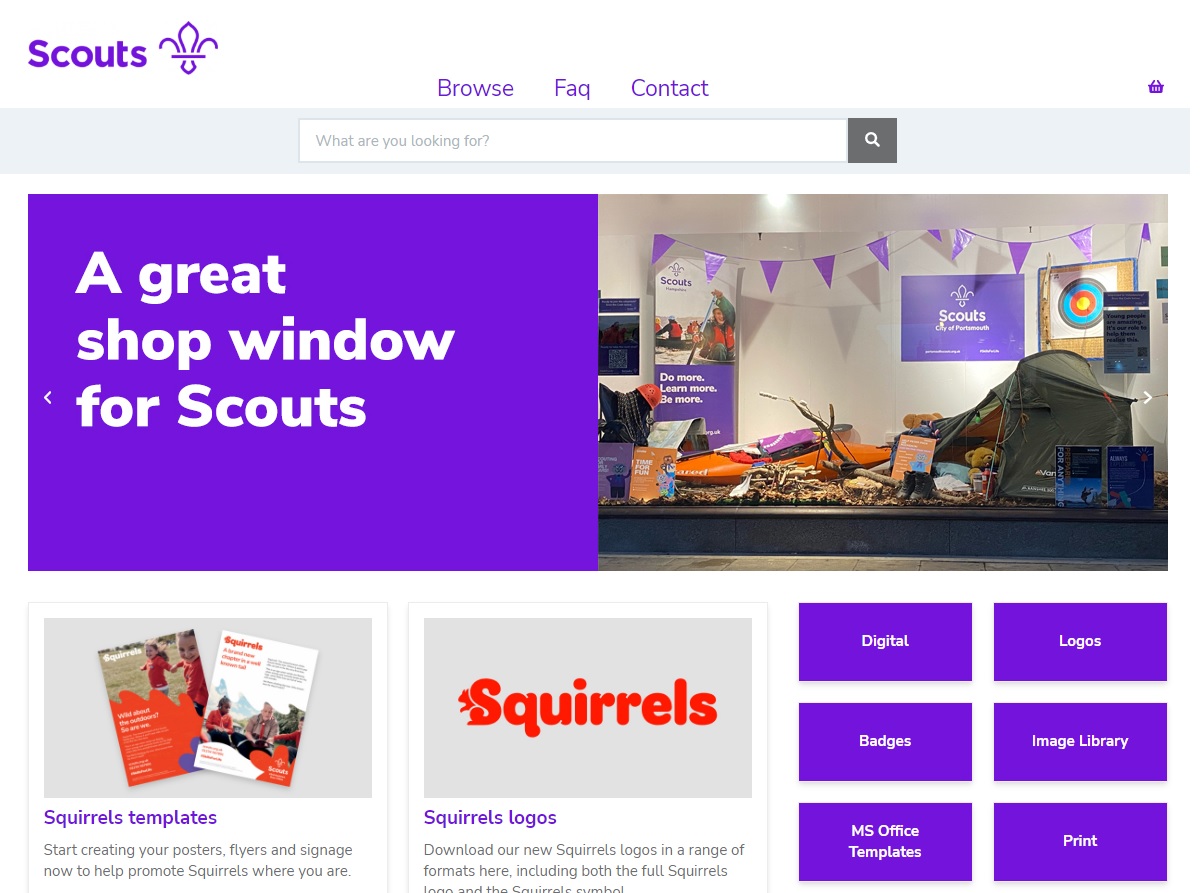 Screenshot of Brand Centre homepage with large image of Scouts brand decorated shop window, and links to other sections of the site