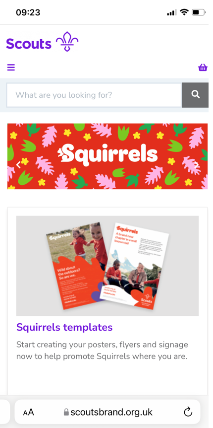 Mobile screenshot of Brand Centre homepage showing Squirrels templates