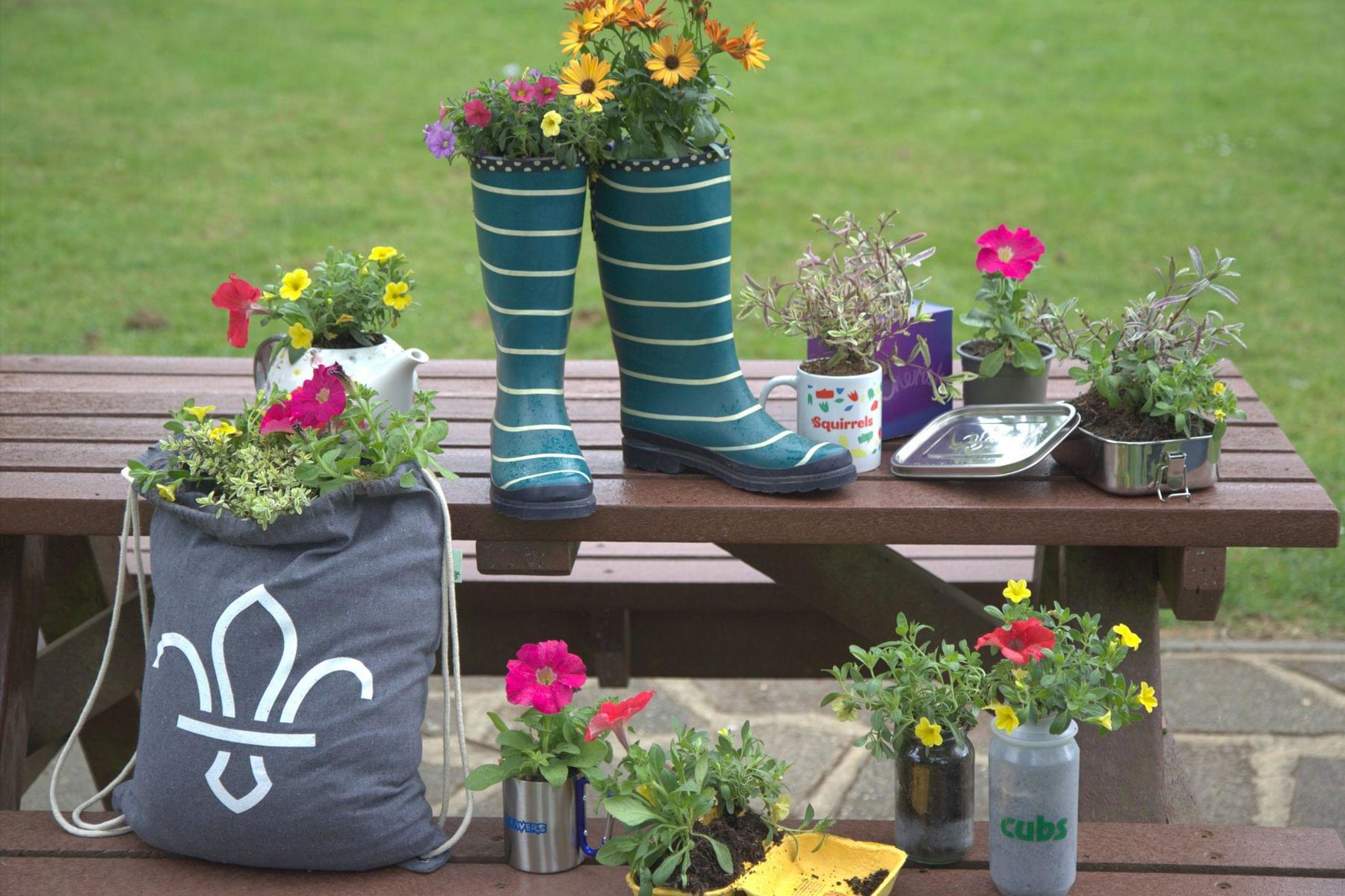 A mixture of upcycled planters can be seen on a picnic bench, in front of a field. Lots of brightly coloured plants are growing from the planters. There's mugs, egg boxes, water bottles, tote fabric bags, teapots and wellington boots.