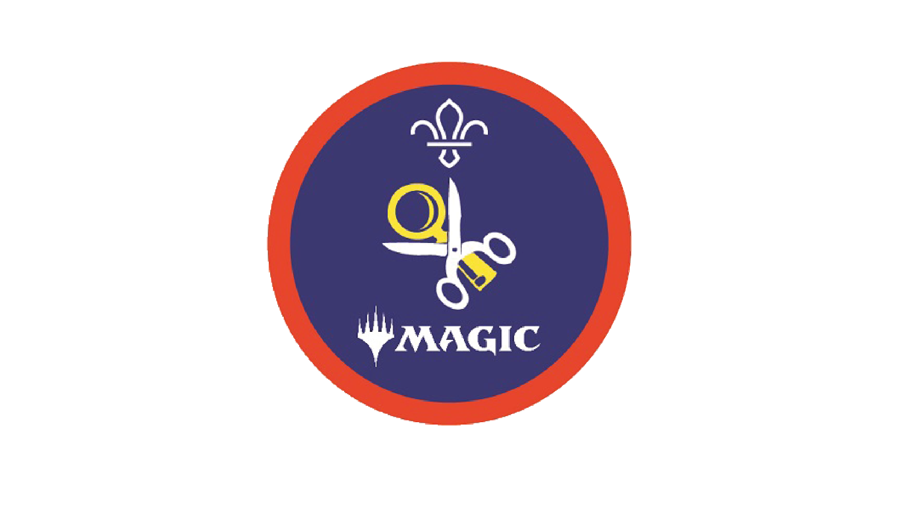 The Scout Hobbies badge showing a pair of scissors and magnifying glass, with the Magic the Gathering logo