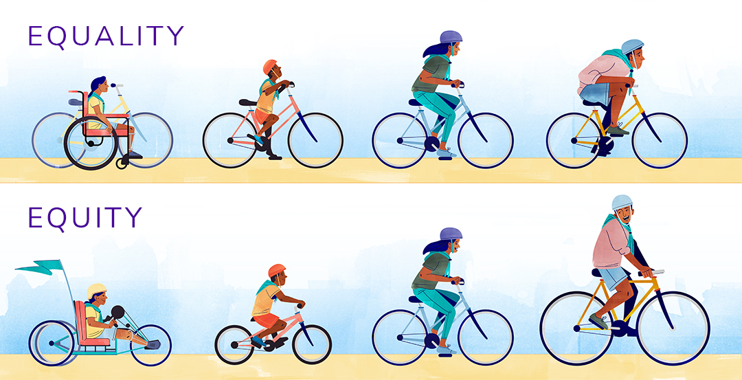 Graphic showing images of people on bikes, highlighting the difference between equity and equality