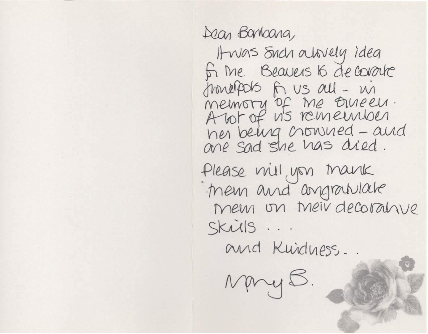 A handwritten thank you card from someone who received a flowerpot from 8th Sutton Coldfield Beavers