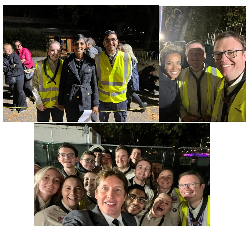 Collage of three images showing Scouts with Reeta Chakrabarti, Dame Kelly Holmes, and James Blunt