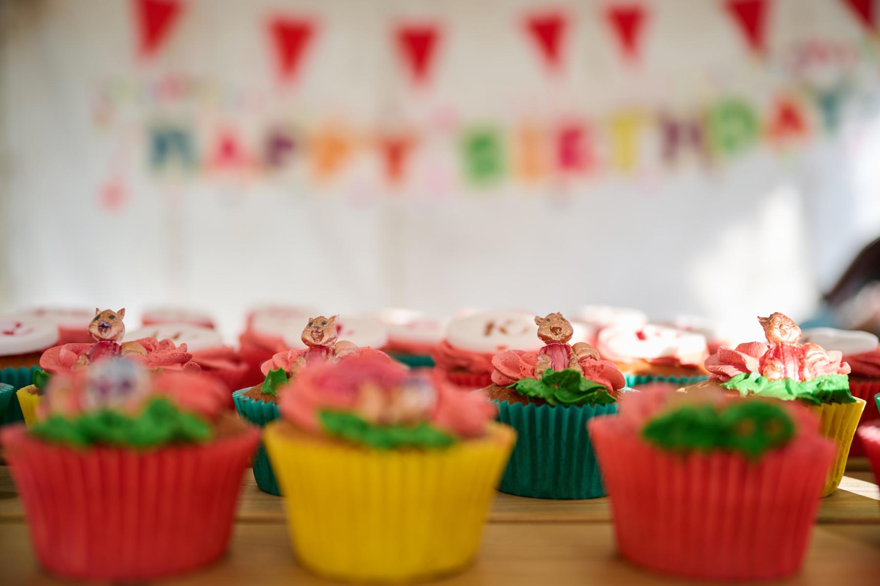 There are cupcakes are on a table, with a happy birthday banner in the background. The cakes have yellow, blue and red wrappers, with green icing and Squirrel decorations.