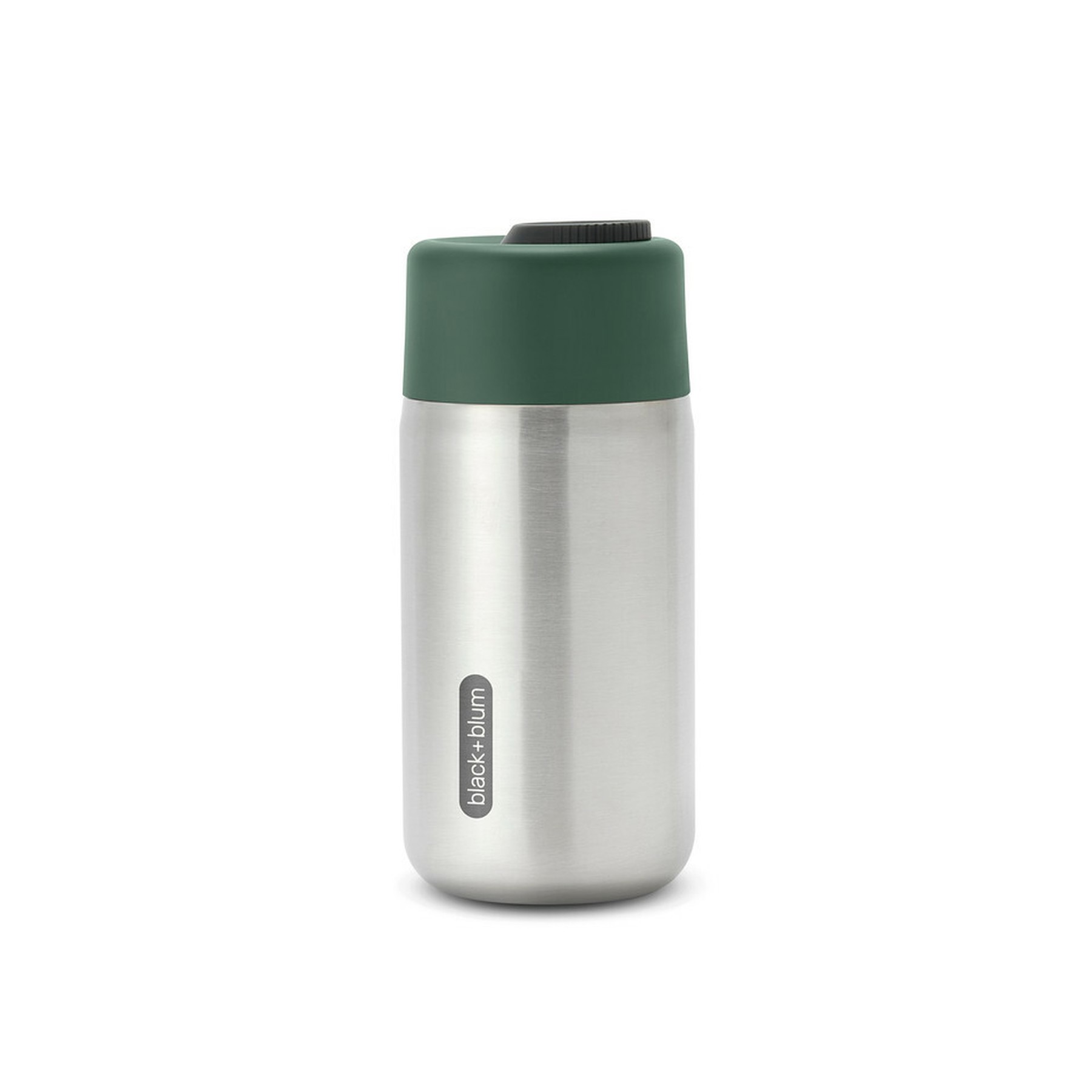 A metal insulated travel cup with a green top