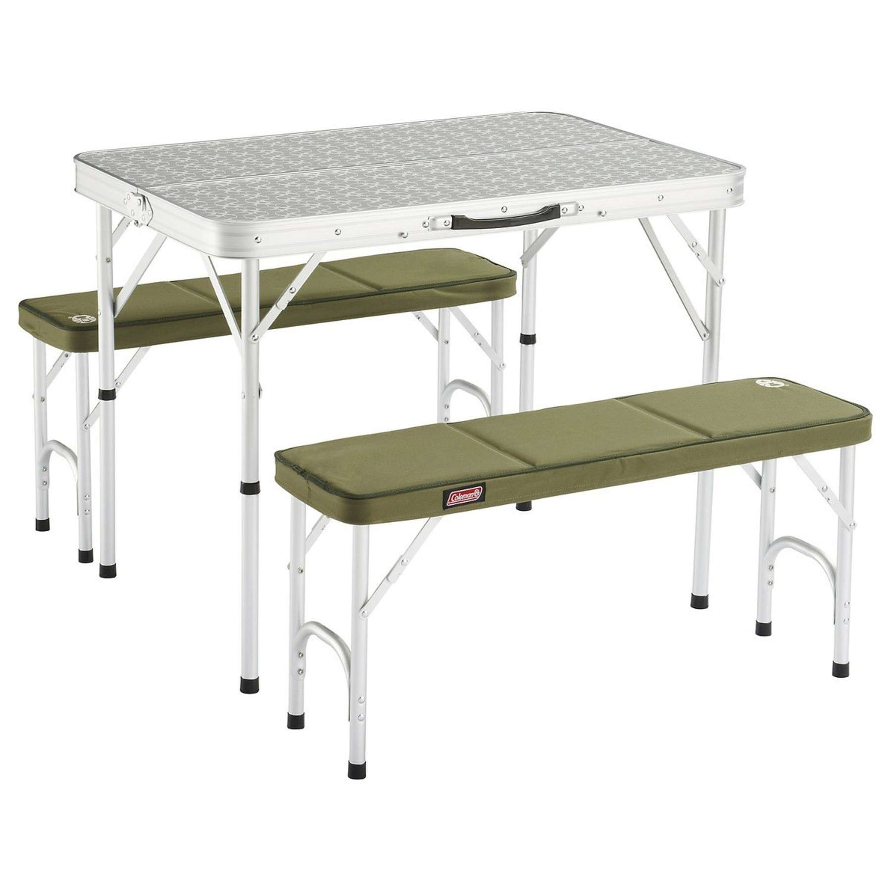 A metal pack-away table with two benches big enough for two people each.