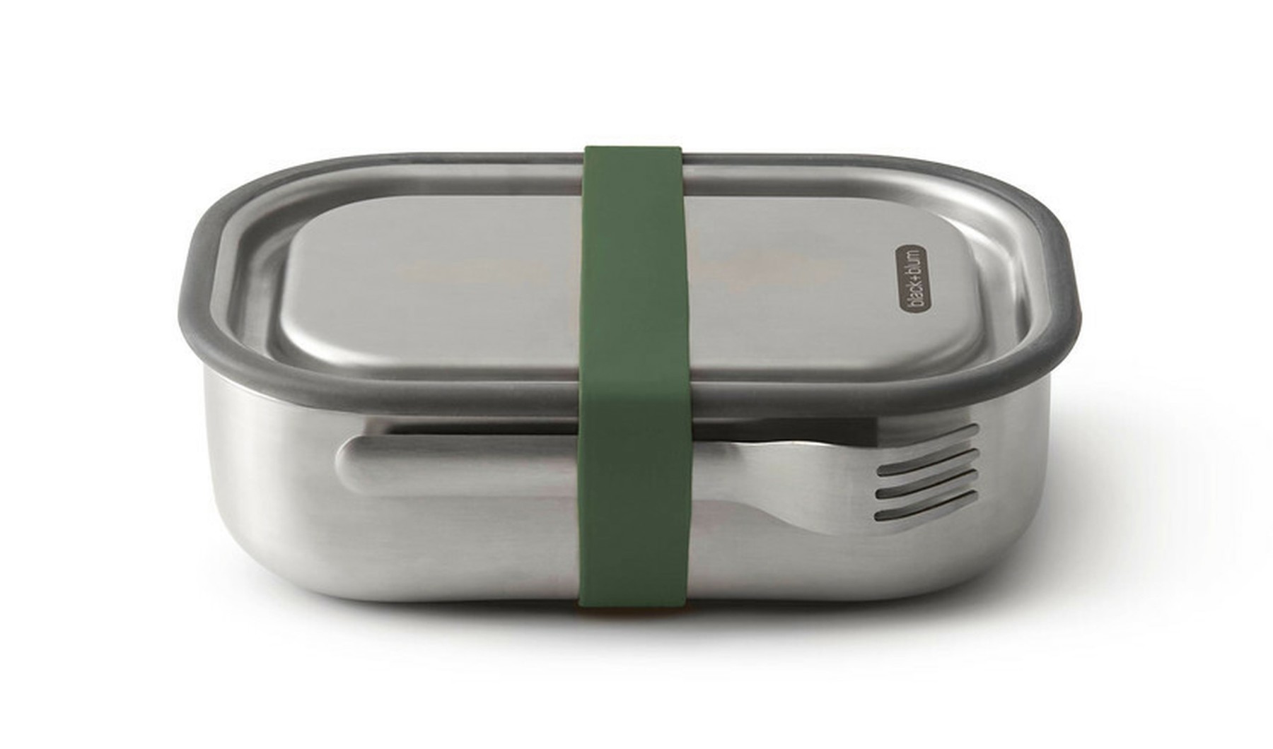 A metal lunch box with attached fork and green strap.
