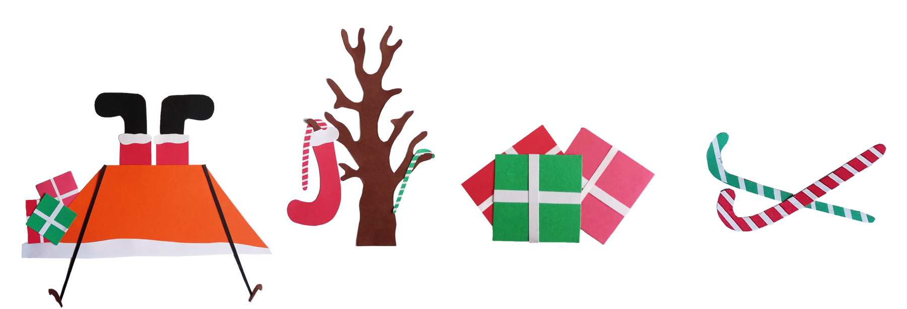 The images shows 4 different Christmas images made out of coloured paper card. On the left there's Santa's legs appearing upside down out the top of a tent, a brown tree trunk with candy canes and a stocking hanging off the branches, green and red presents with white ribbon, and green and red candy canes.