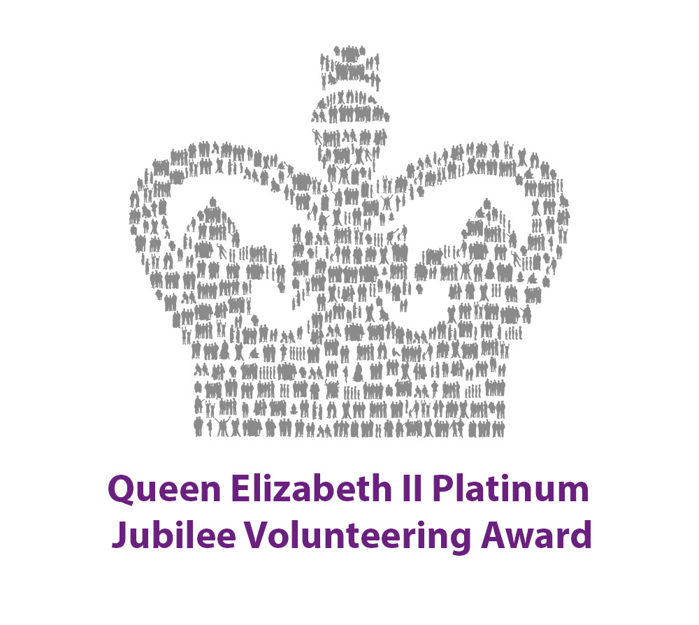 The logo for the award shows a crown with the text 'Queen Elizabeth II Platinum Jubilee Volunteering Award' underneath it.