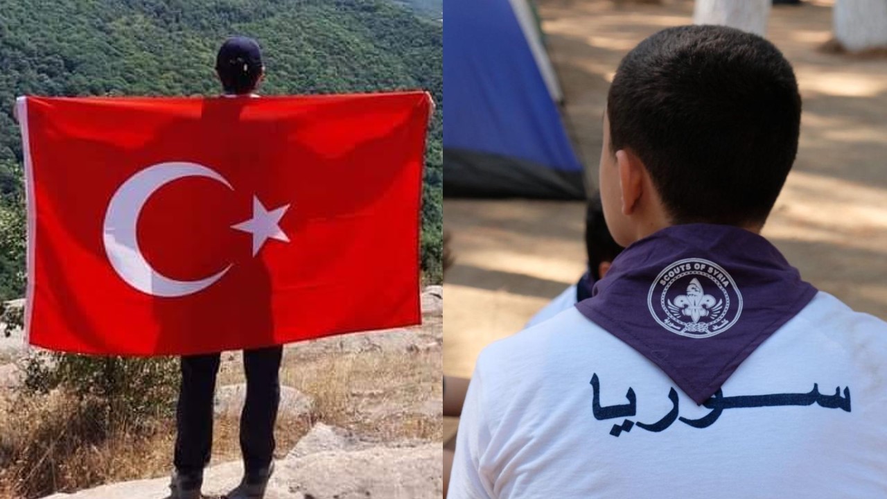 Split photo, with a person holding a large Turkish flag on the left, and the back of a young person on the right, wearing a Scouts Syria necker.