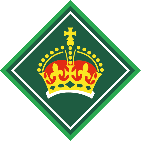 A green diamond-shaped badge with a crown