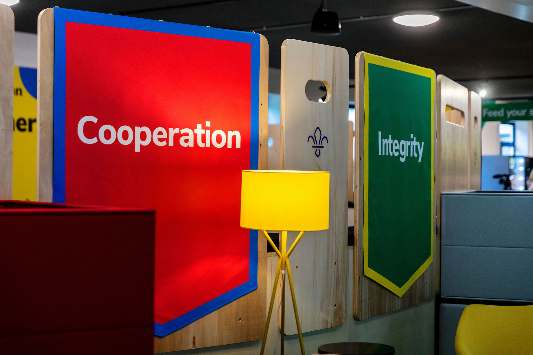 Cooperation and Integrity written on the walls in the colourful Gilwell space