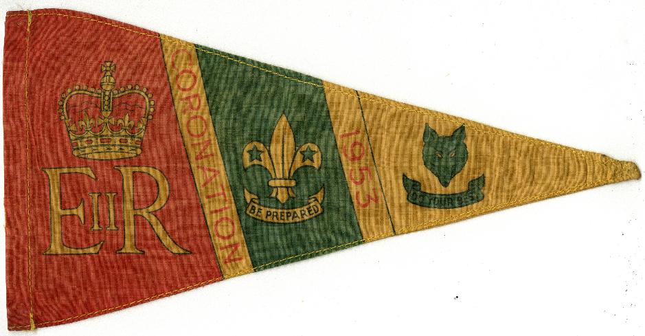 1953 Coronation pennant with HRH Queen Elizabeth II royal cypher and the Scout fleur de lis