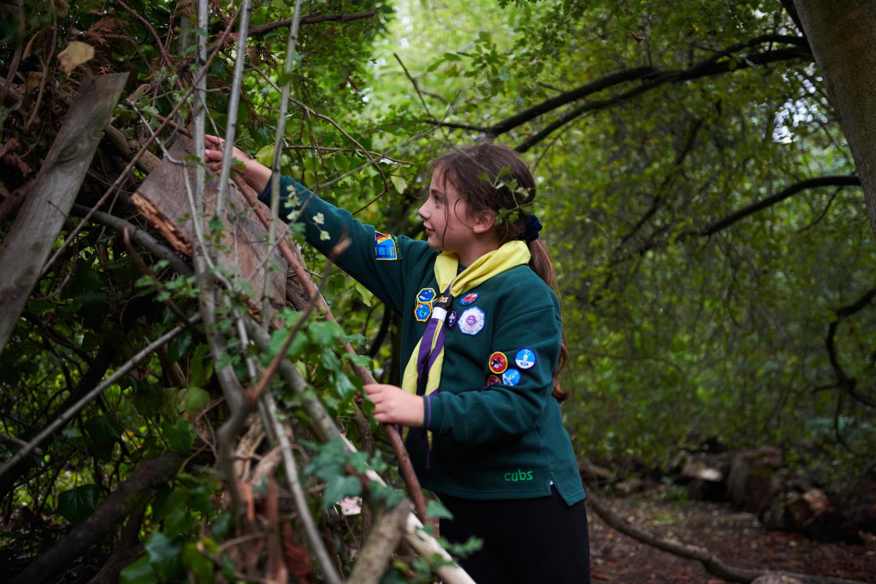 A Cub in green uniform and yellow and purple necker puts some sticks on a den in the forest.