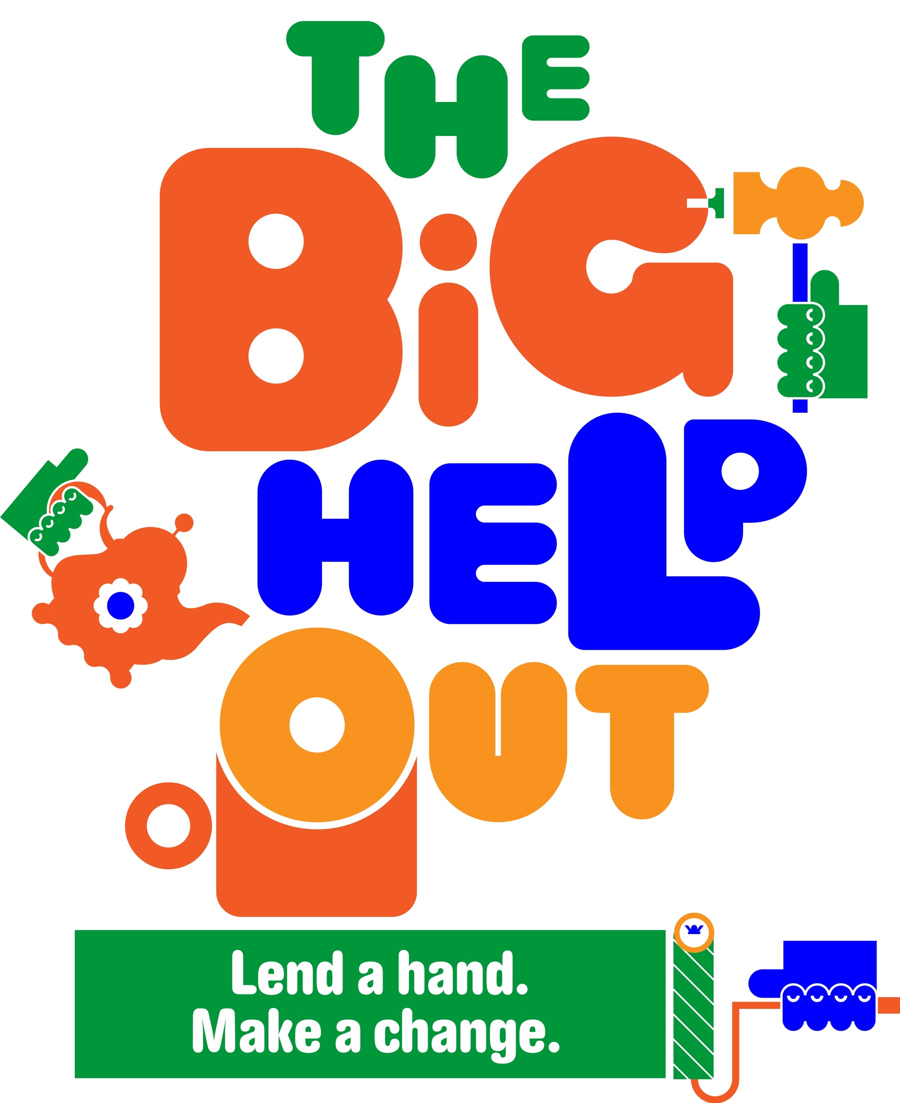 The official The Big Help Out Logo with text saying 'The Big Help Out. Lend a hand. Make a change' in bubble writing.