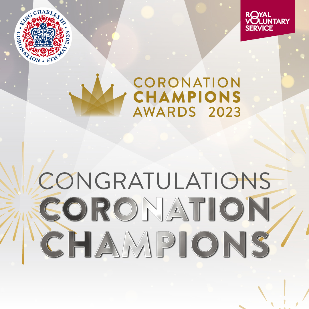 A graphic with the text 'Congratulations Coronation Champions'. The coronation logo and the logo of the Royal Voluntary Service are also included..