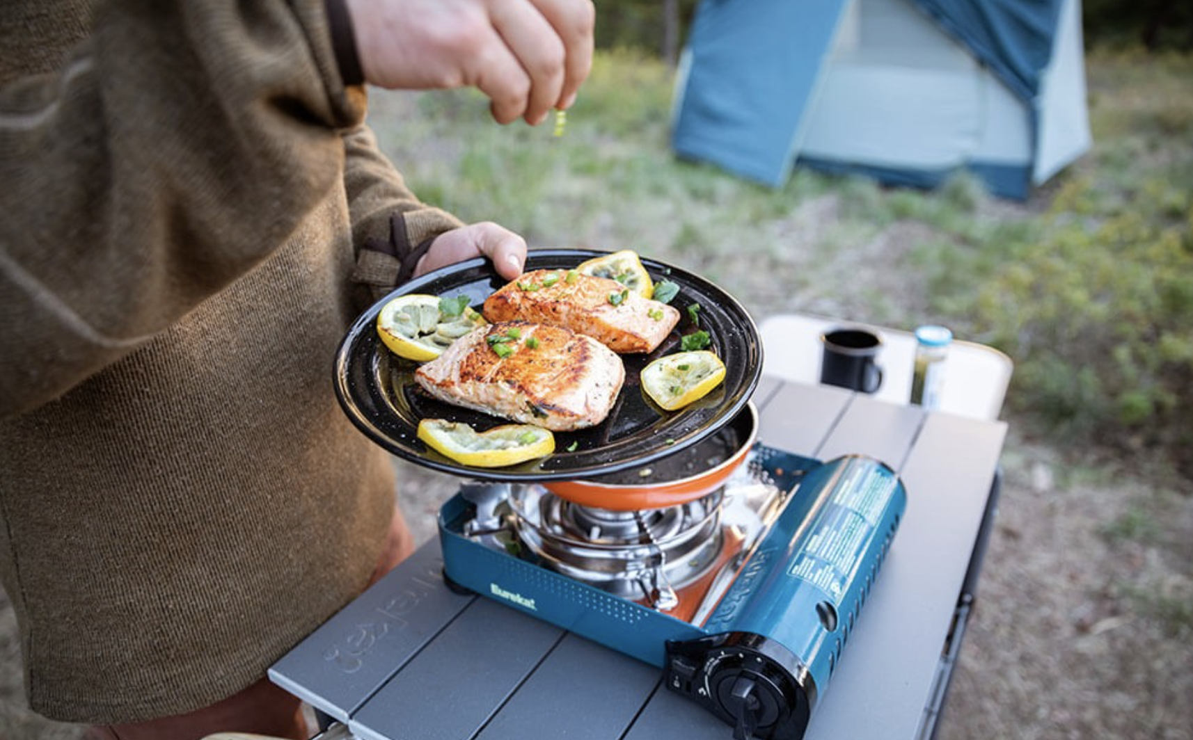 A plate of salmon and lemon slices next to a camping stove.