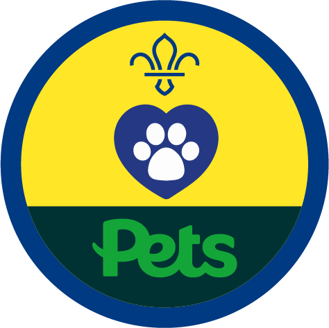 Badge with a blue border and a yellow background, containing the Scouts logo, a pawprint on top of a blue heart shape, and the word Pets at the bottom to represent the supporter Pets at home.