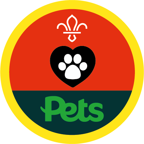 Badge with a yellow border and a red background, containing the Scouts logo, a paw print on top of a black heart shape, and the word Pets at the bottom to represent the supporter Pets at Home.