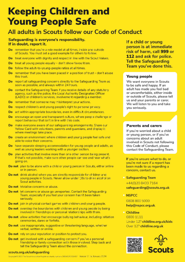 The image shows Scouts' Yellow Card poster, with black text on a yellow background. The heading says 'Keeping Children and Young People Safe' and is the January 2024 version of the poster.