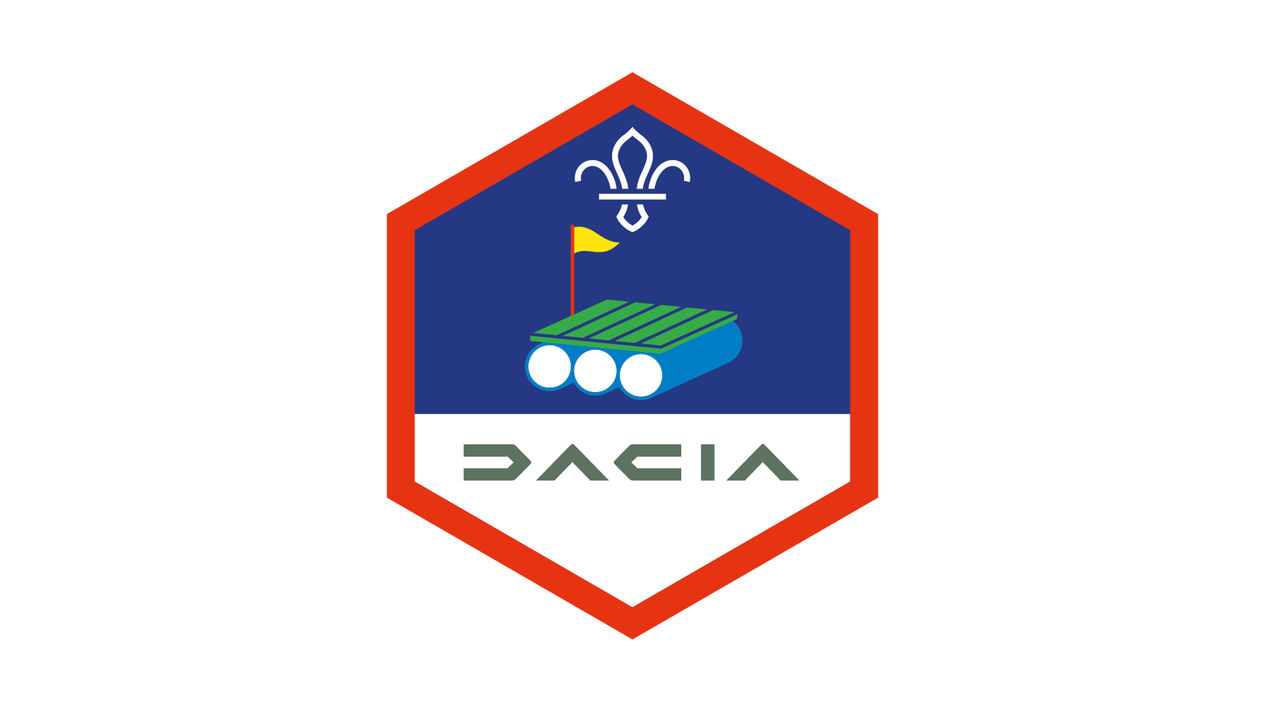 Hexagonal badge with a raft and the Dacia logo