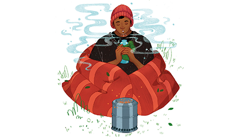 Illustration of boy wrapped in sleeping bag drinking hot tea outside in the cold