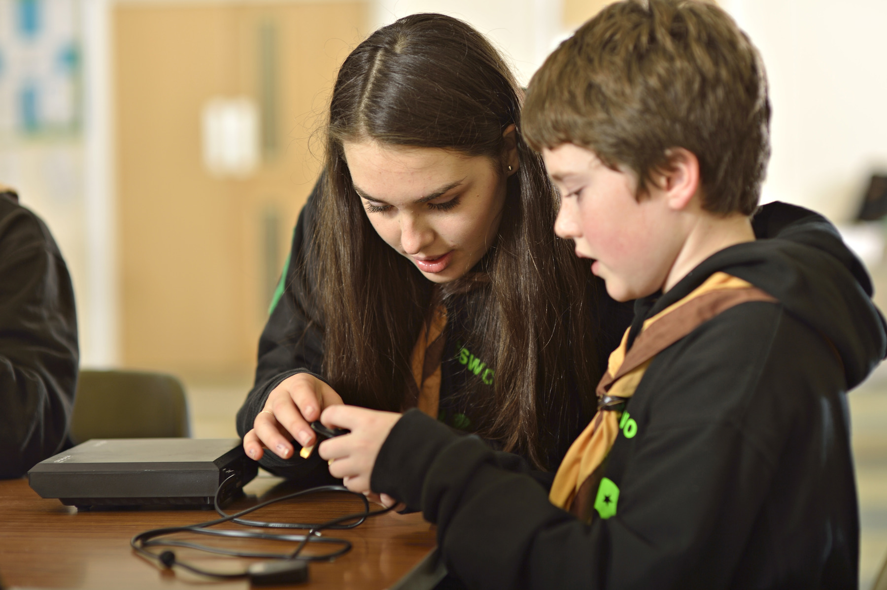 Two cubs looking at a digital lead on the table