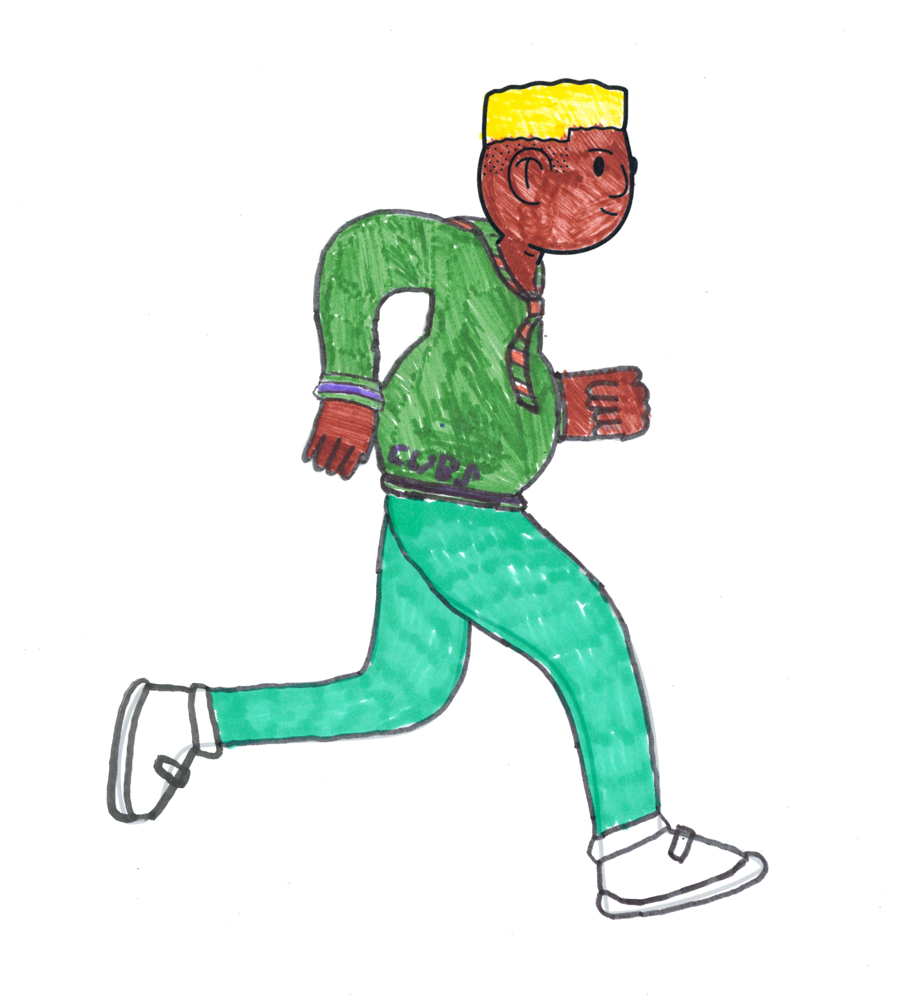 Picture of boy coloured in with green tracksuit bottoms, green jumper, scout tie and yellow hair