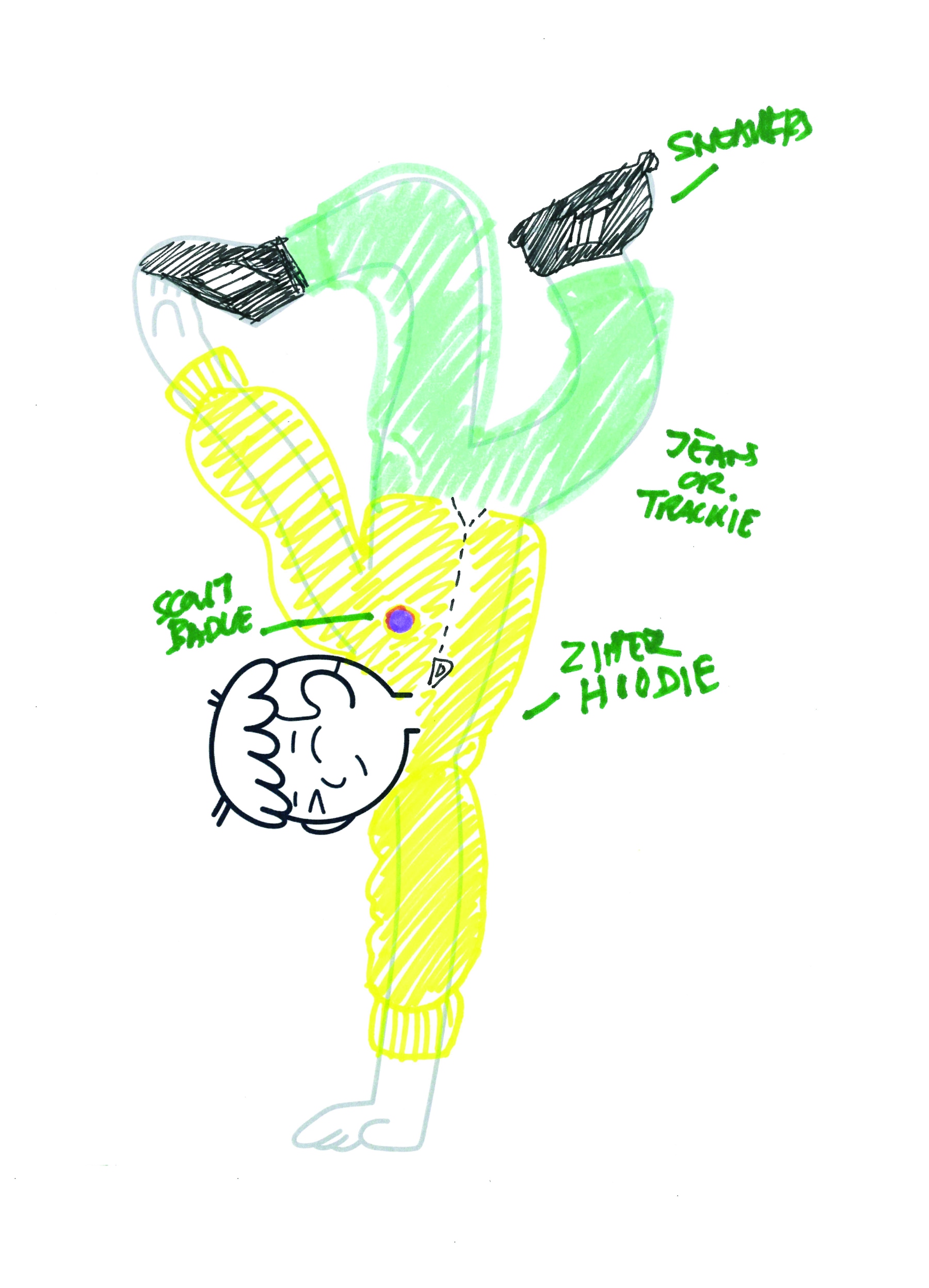Picture of Scout coloured in with yellow hoody and green trousers