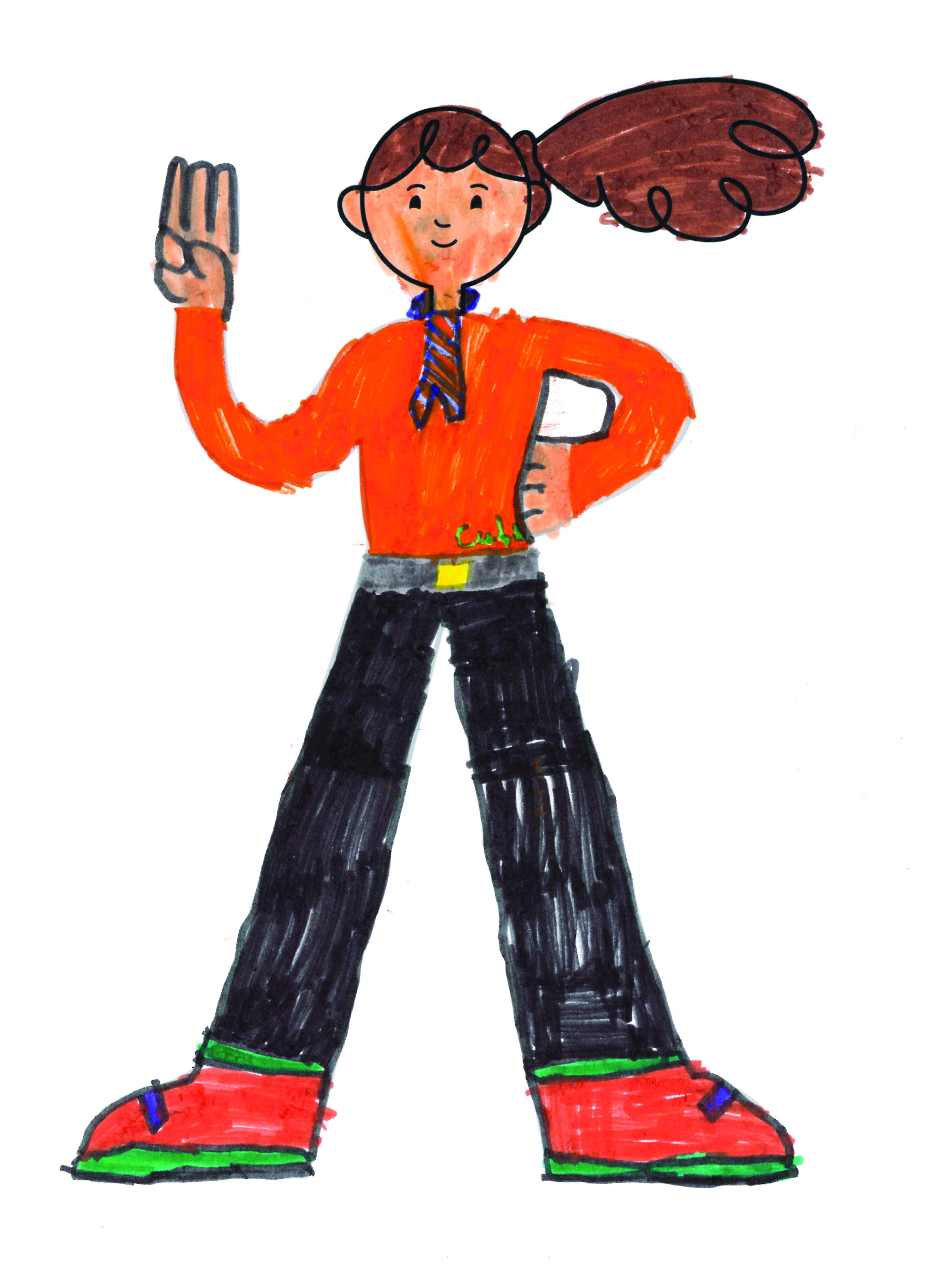 Scout with orange jumper, black trousers and orange shoes