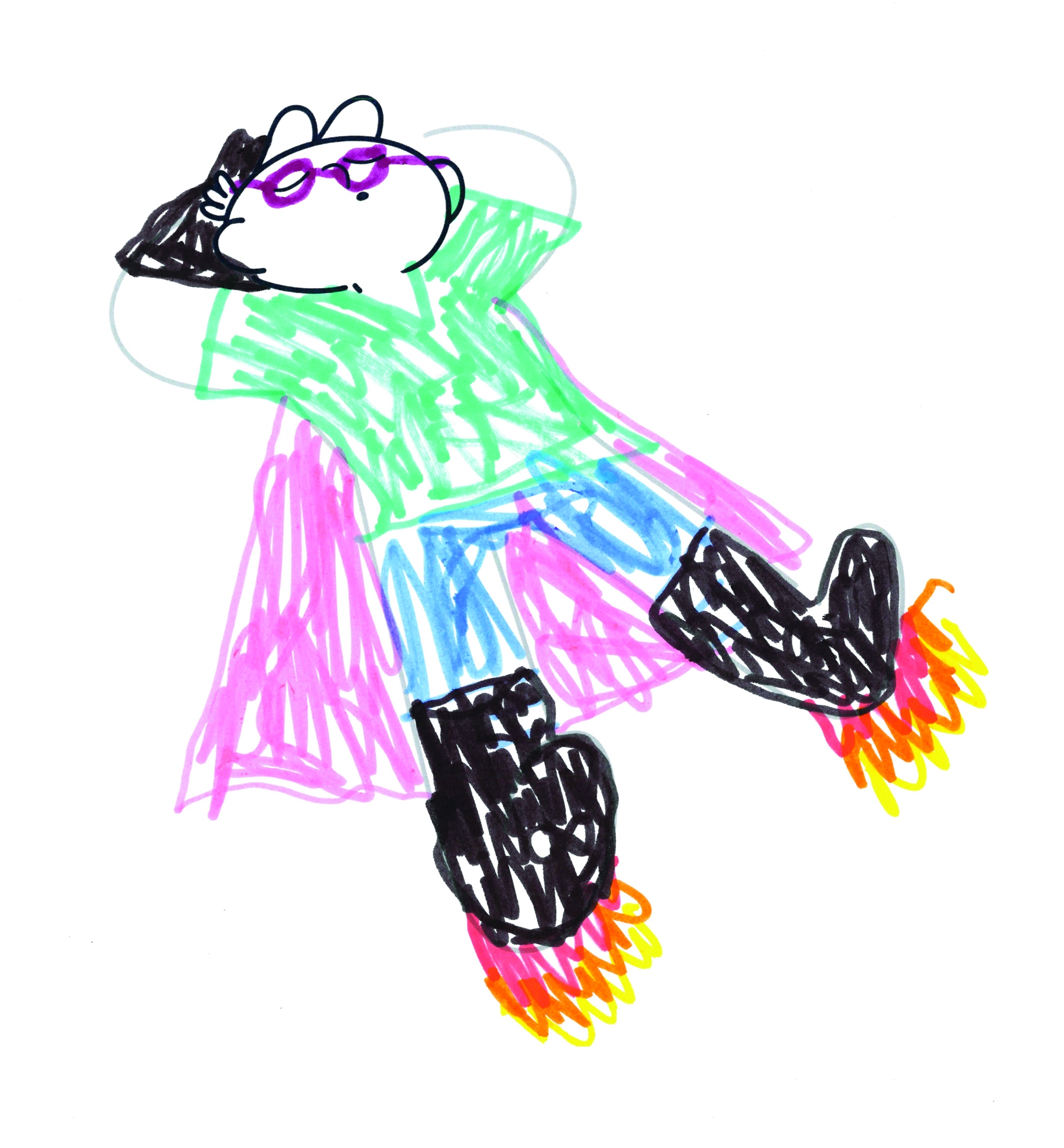 Scout with cape, purple glasses, green top, blue trousers, black shoes with fire coming out of the bottom  