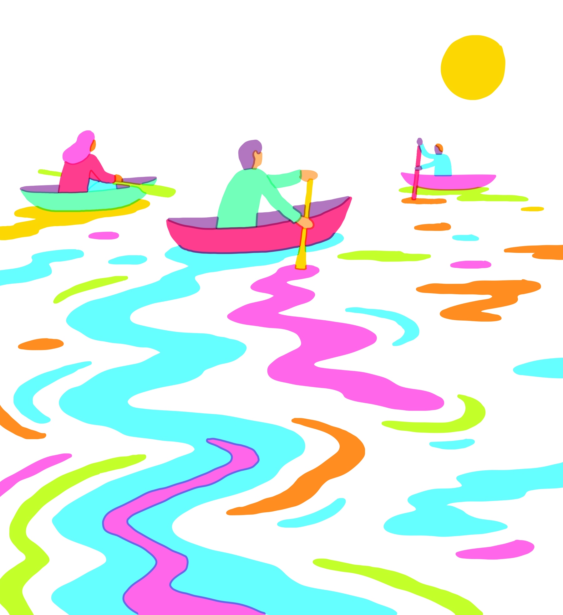 Illustration of people in boats sailing on a sea of multiple colours
