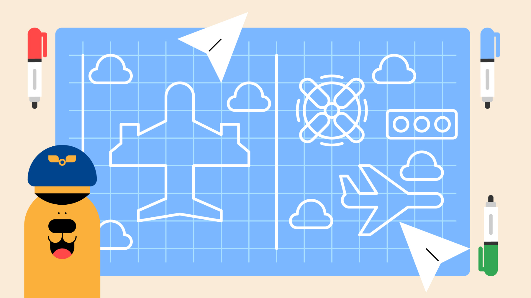 A sketch of an aircraft and it's parts on blue graph paper.