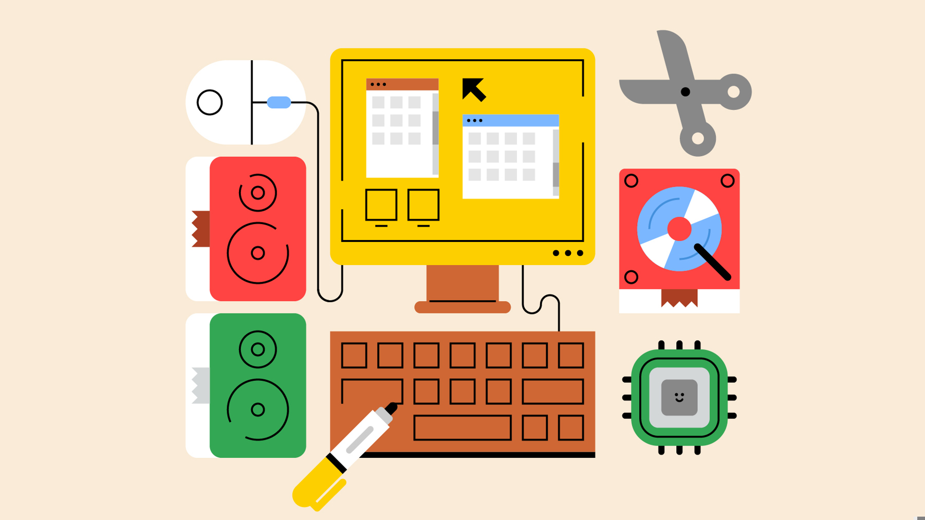 The different elements of a computer; including a monitor, keyboard, mouse and disc drive.