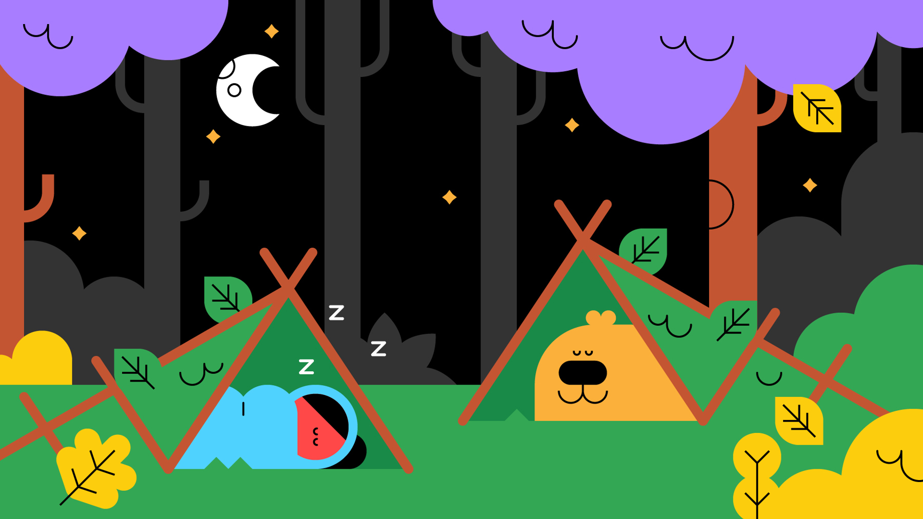 Buddy the dog and a Scout sleeping in tents under the stars.