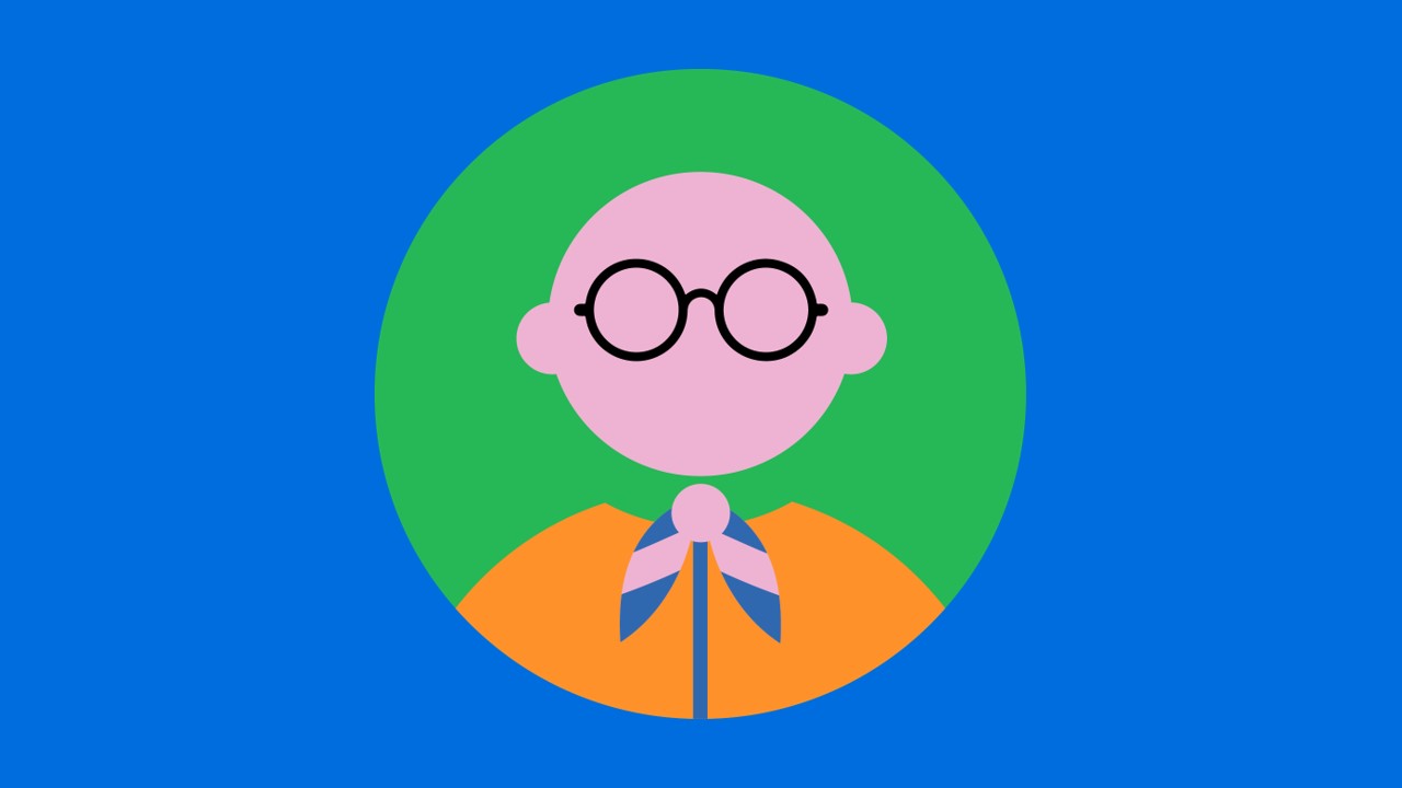 Blue background with a cartoon style graphic of a volunteer.