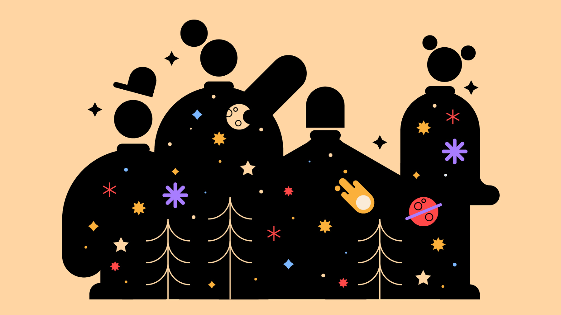 The silhouettes of four Scouts filled with the magical wonders the night sky has to offer; including stars, moons and planets.