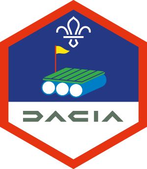 Hexagonal badge with a raft and the Dacia logo