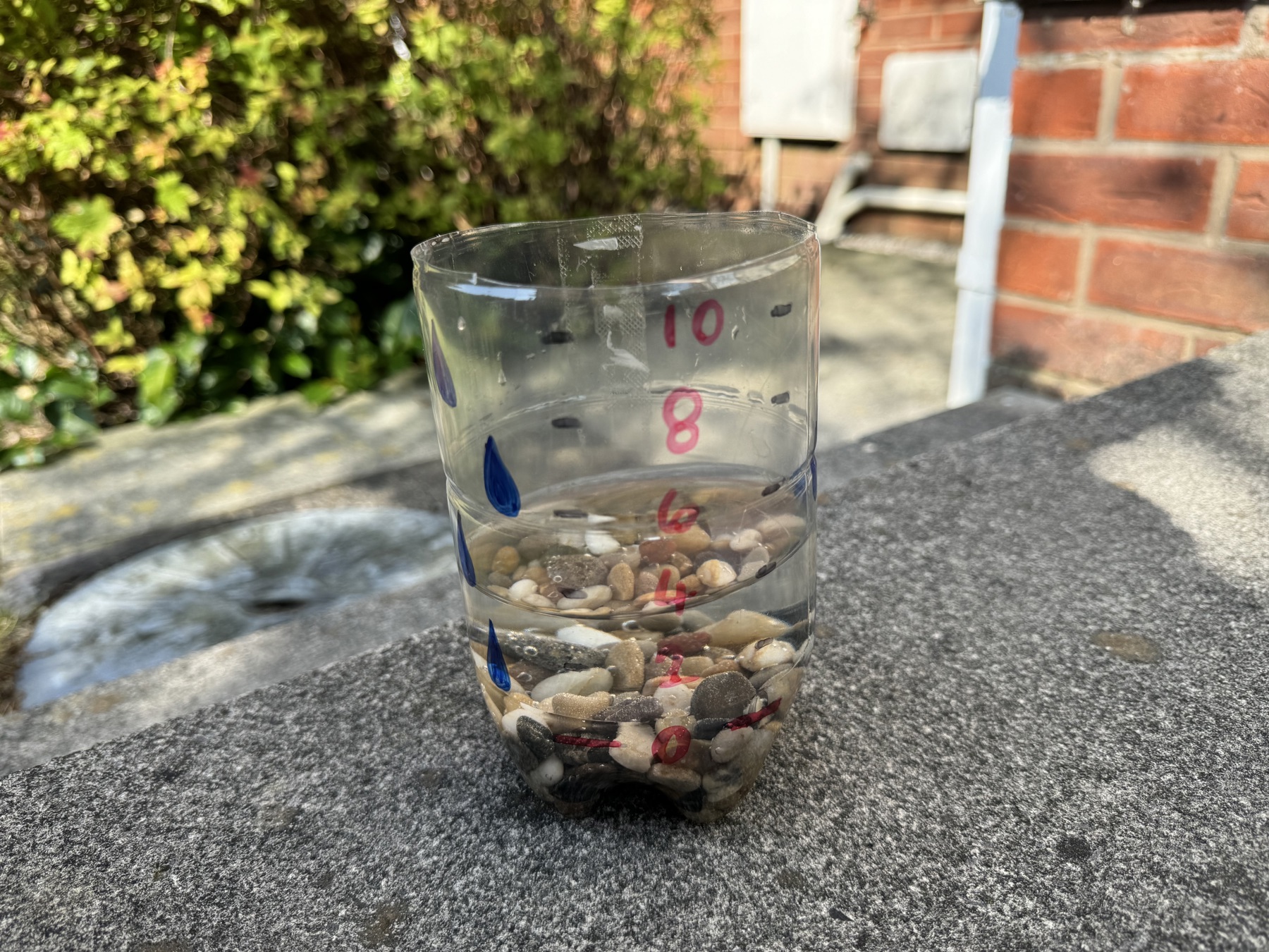 A plastic bottle is cut in half and has pebbles in the bottom. It's filled with water and on a cement step, with a bush in the background. Numbers are written on in red from 0 to 10 to measure the water.