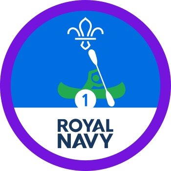 A blue badge with a canooer and the Royal Navy logo